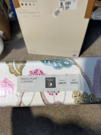John Lewis Fruit Tree Print Pencil Pleat Pair Blackout Lined Curtains, Multi, W228 x Drop 137cm