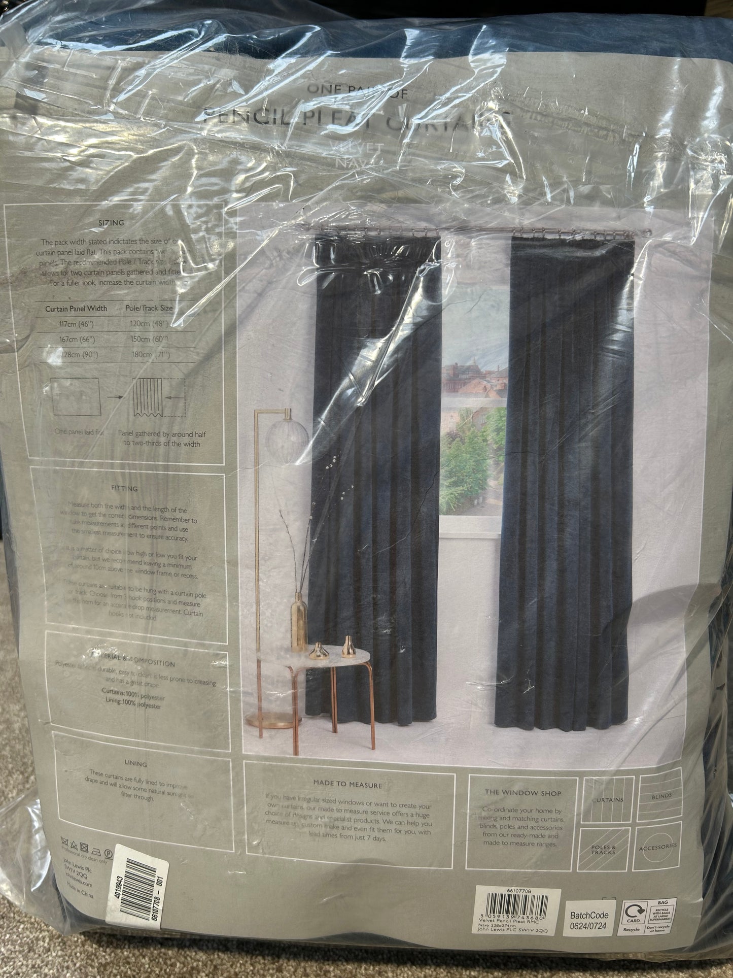 John Lewis Velvet Pair Lined Pencil Pleat Curtains, Navy, W228 x Drop 274cm
