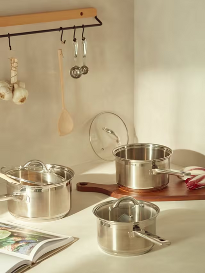John Lewis Classic Glass Lid Stainless Steel Saucepan Set, 3 Pieces