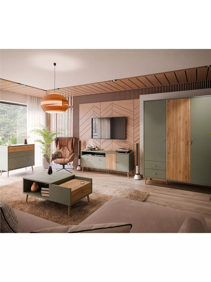 EasyKlix Harllson 3 Door Wardrobe with 2 Drawers, Green/Oak