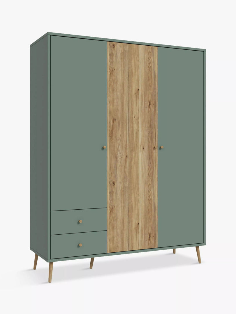 EasyKlix Harllson 3 Door Wardrobe with 2 Drawers, Green/Oak