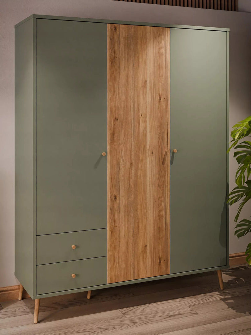 EasyKlix Harllson 3 Door Wardrobe with 2 Drawers, Green/Oak