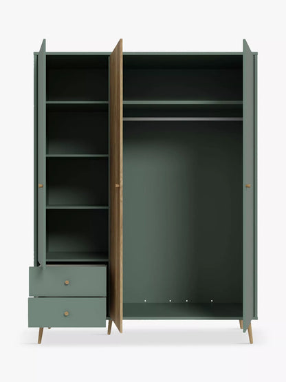 EasyKlix Harllson 3 Door Wardrobe with 2 Drawers, Green/Oak