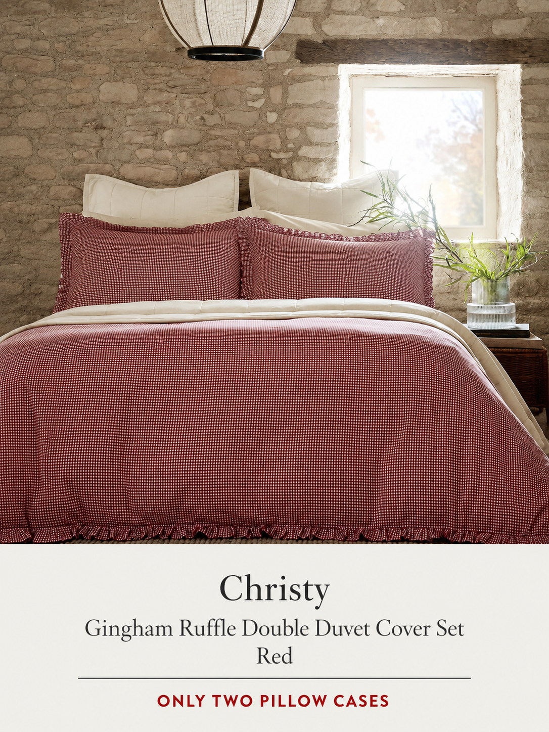Christy Gingham Ruffle Double Duvet Cover Set, Red ONLY TWO PILLOW CASES