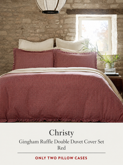 Christy Gingham Ruffle Double Duvet Cover Set, Red ONLY TWO PILLOW CASES