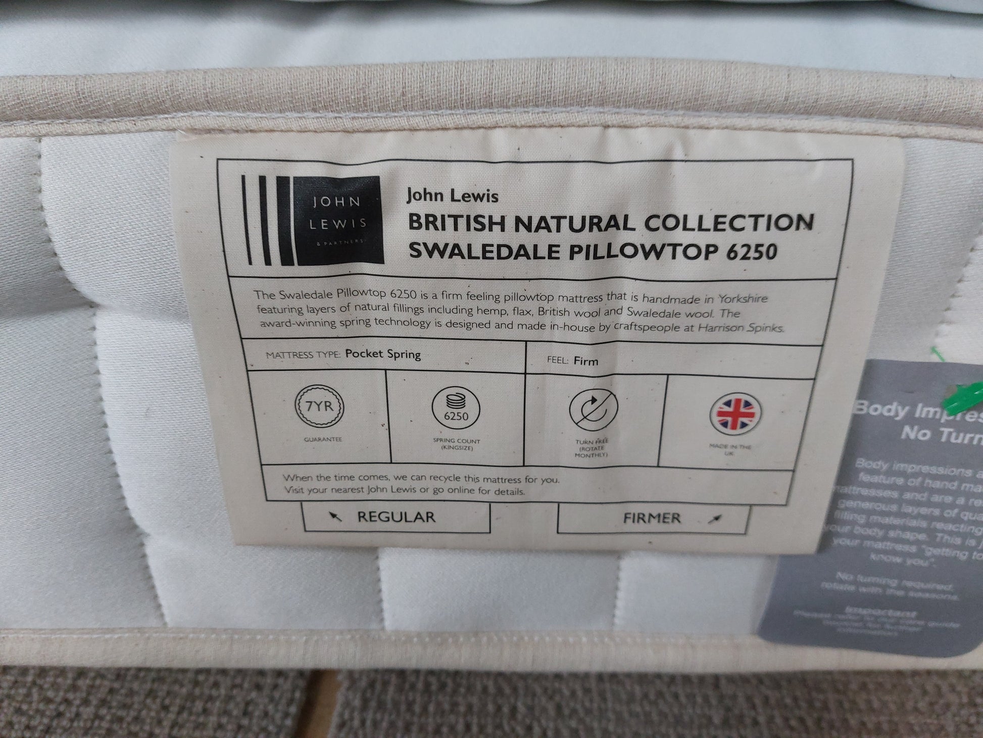John Lewis Swaledale Pillowtop 6250 Mattress Regular and Firmer Tension Super King Size