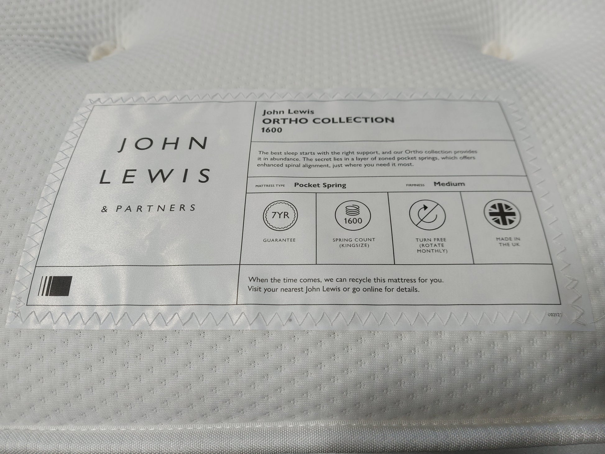 John Lewis Ortho Pocket Collection 1600 Pocket Spring Mattress Medium Tension Super King Size