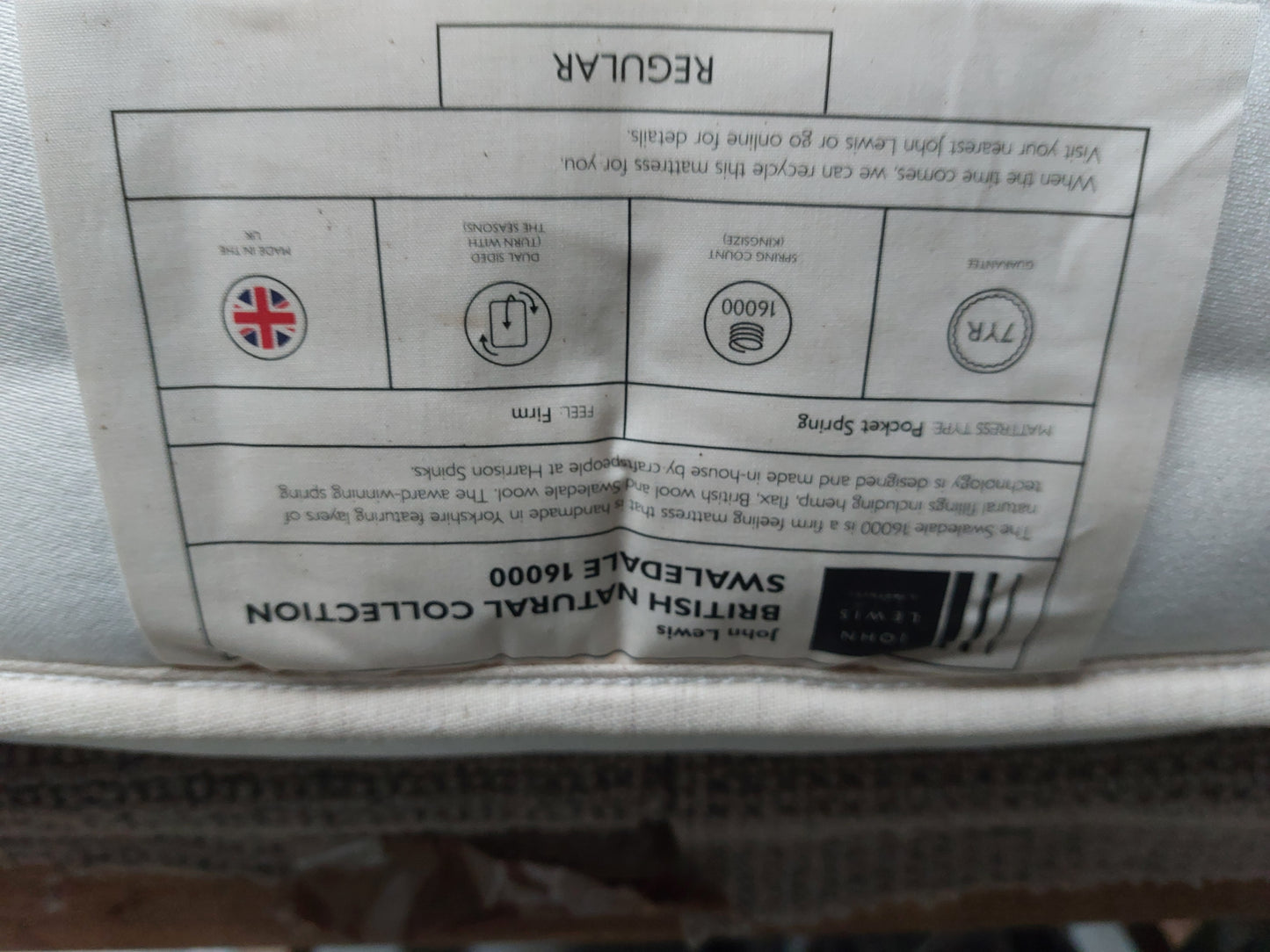 John Lewis British Natural Collection Swaledale 16000 Mattress Regular Tension King Size