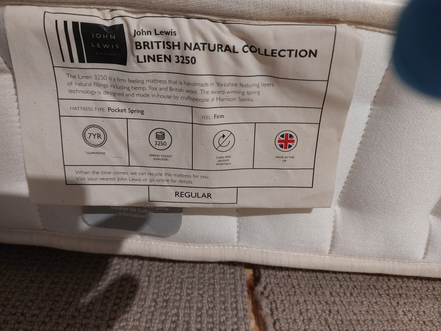 John Lewis British Natural Collection Linen 3250 Mattress, Regular Tension, Double