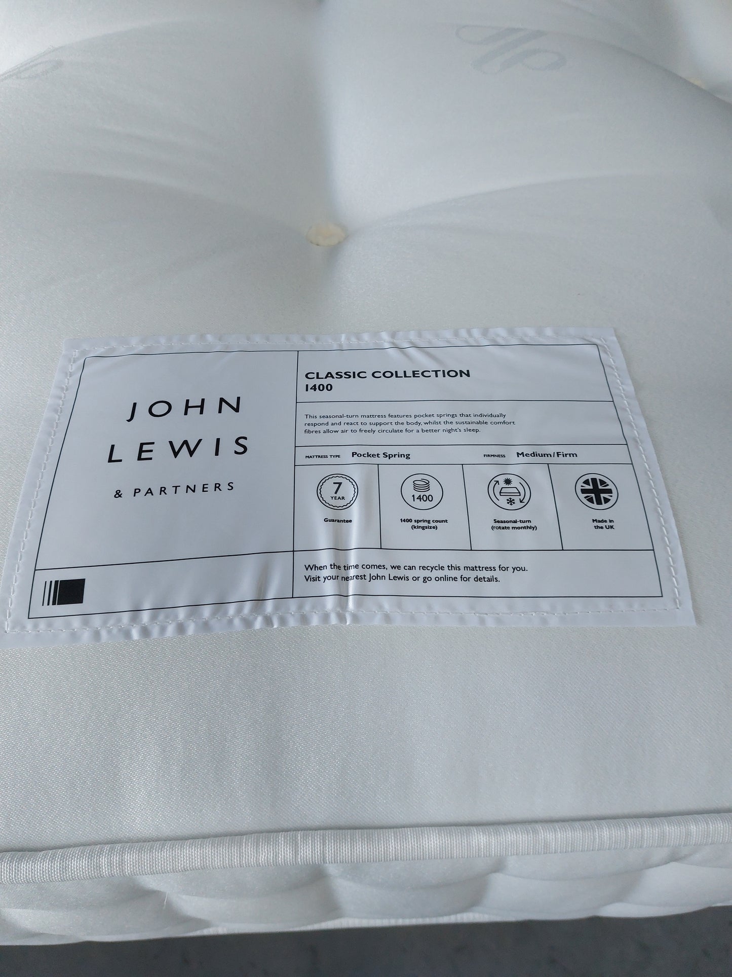 John Lewis Classic Collection 1400 Pocket Spring Mattress, Medium/Firm Tension, Single