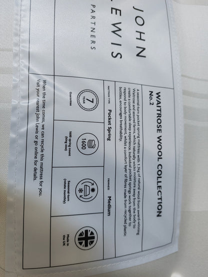 John Lewis Waitrose Wool NO. 2 Pocket Spring Mattress, Medium Tension, King Size