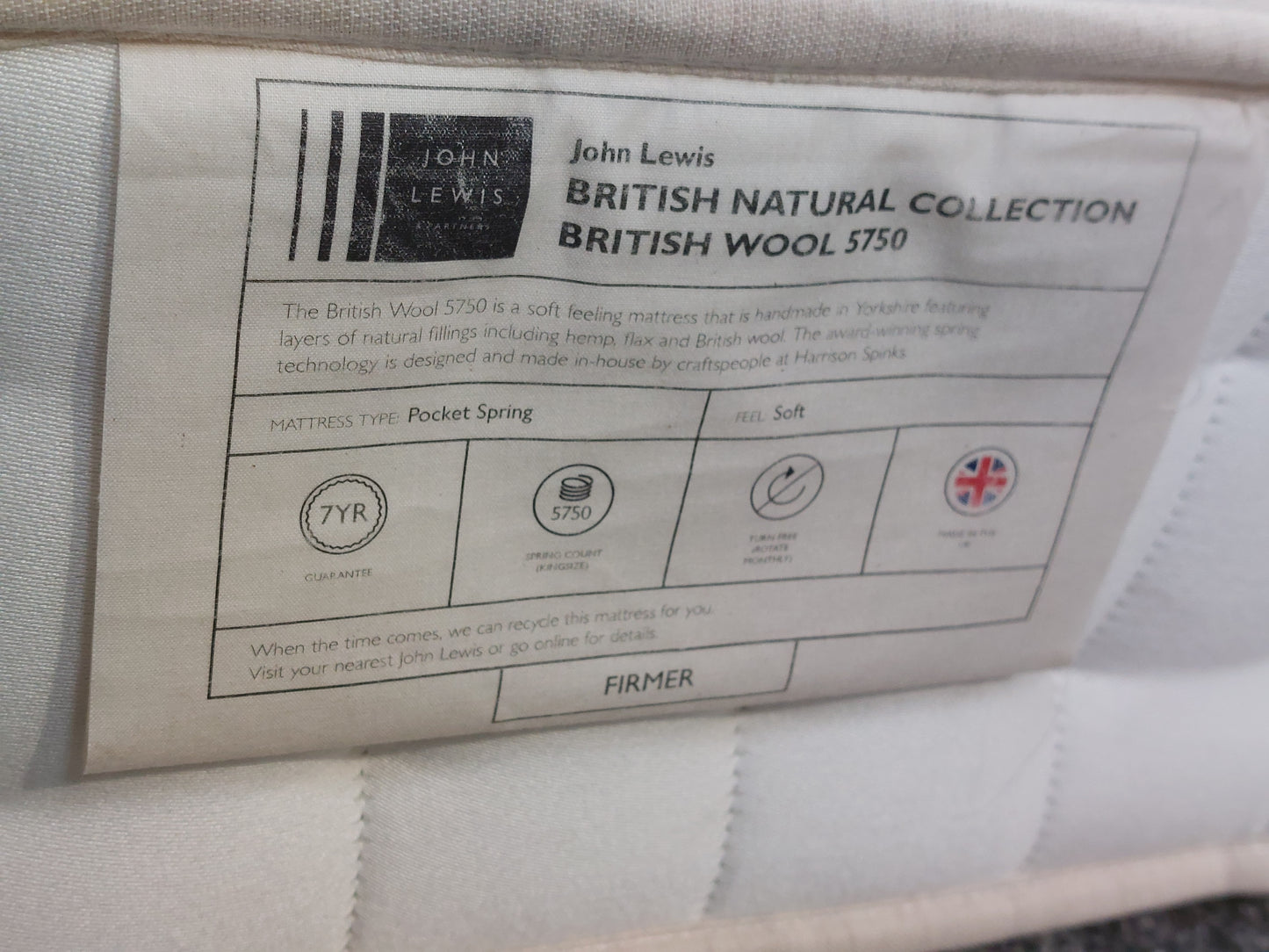 John Lewis Super King Size mattress Wool 5750 Mattress, Firmer Tension