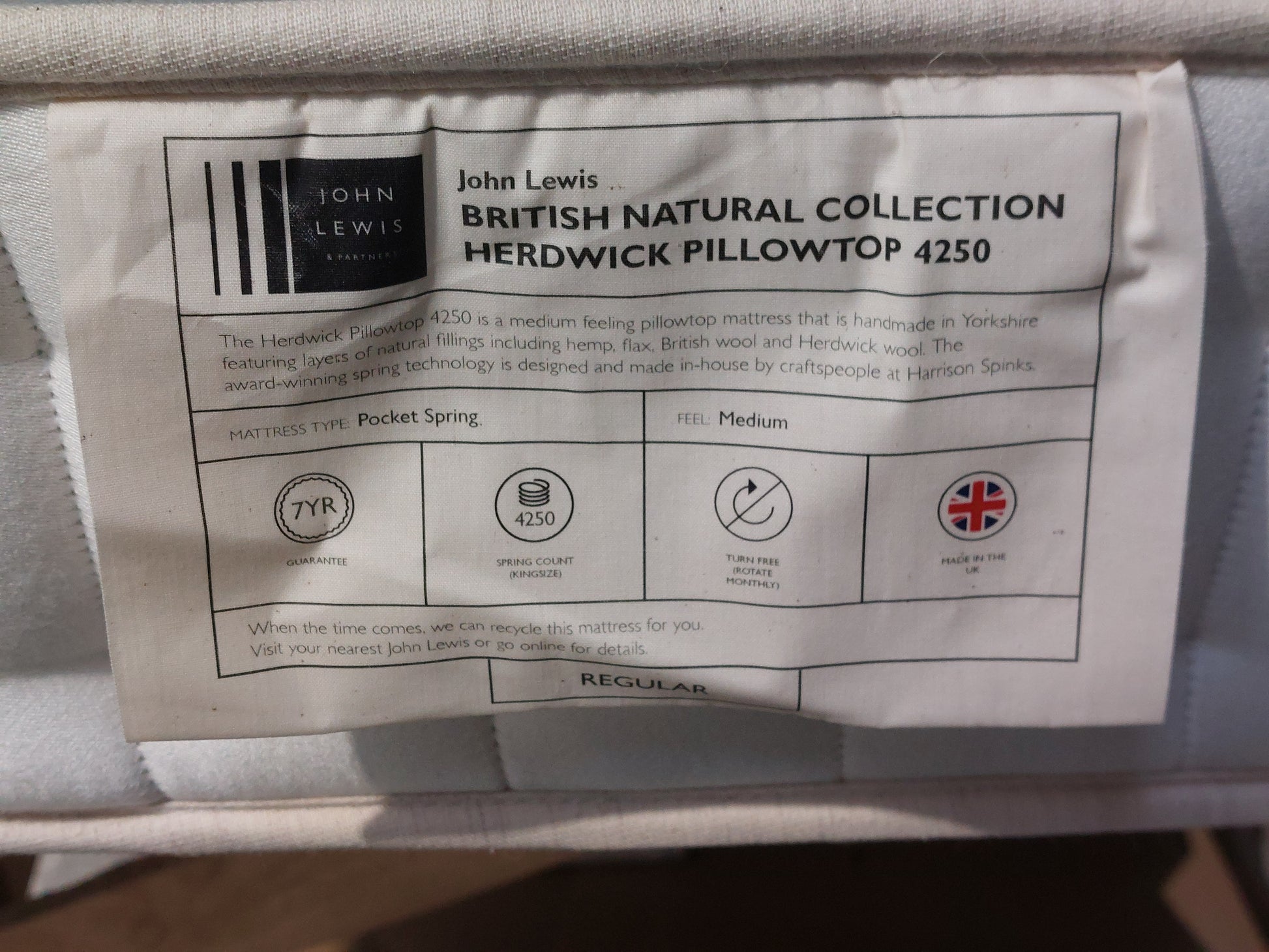 List - John Lewis Mattress British Double Natural Collection Herdwick Pillowtop 4250 Regular Tension