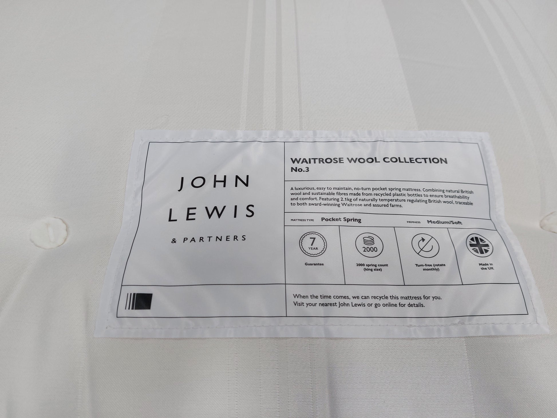 John Lewis Waitrose Wool NO. 3 Pocket Spring Mattress, Soft/Medium Tension, Double