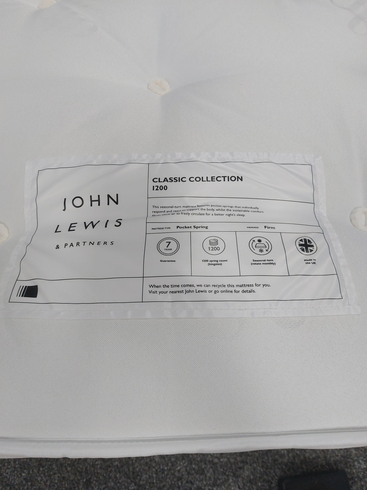 John Lewis Classic Collection 1200 Pocket Spring Mattress, Firm Tension, Small Double