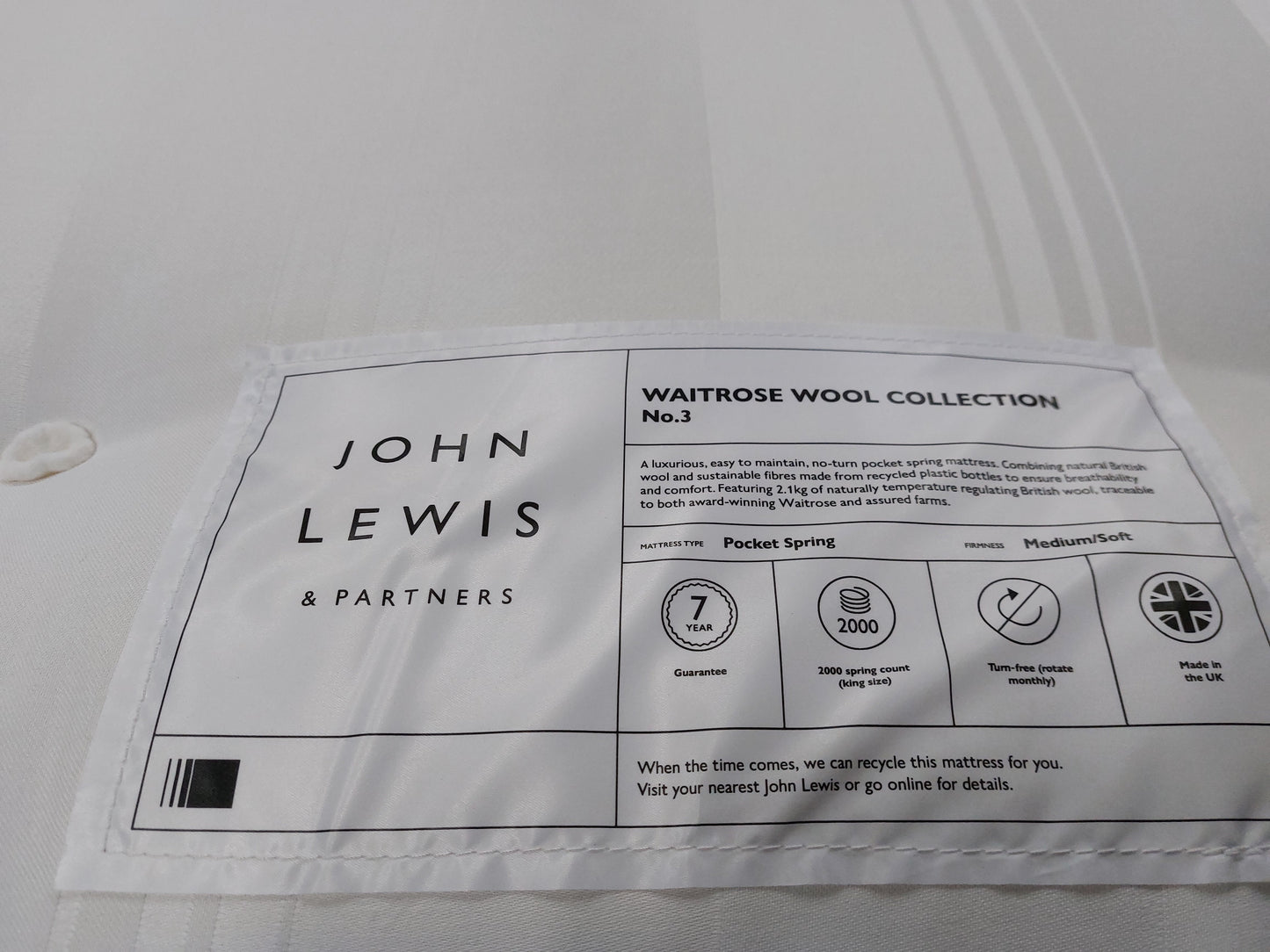 John Lewis Waitrose Wool NO. 3 Pocket Spring Mattress Soft/Medium King Size