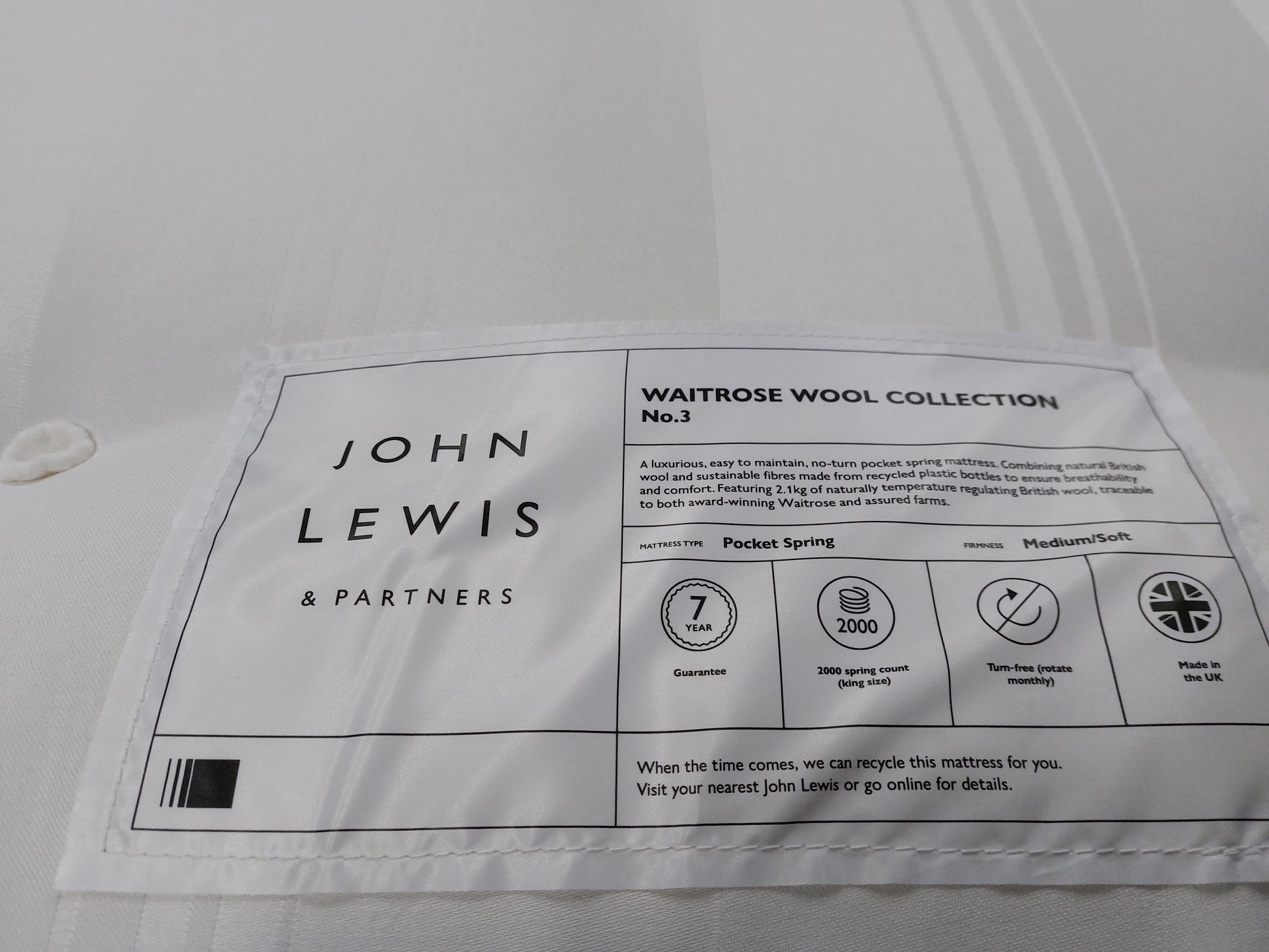 John Lewis Waitrose Wool NO. 3 Pocket Spring Mattress Soft/Medium King Size