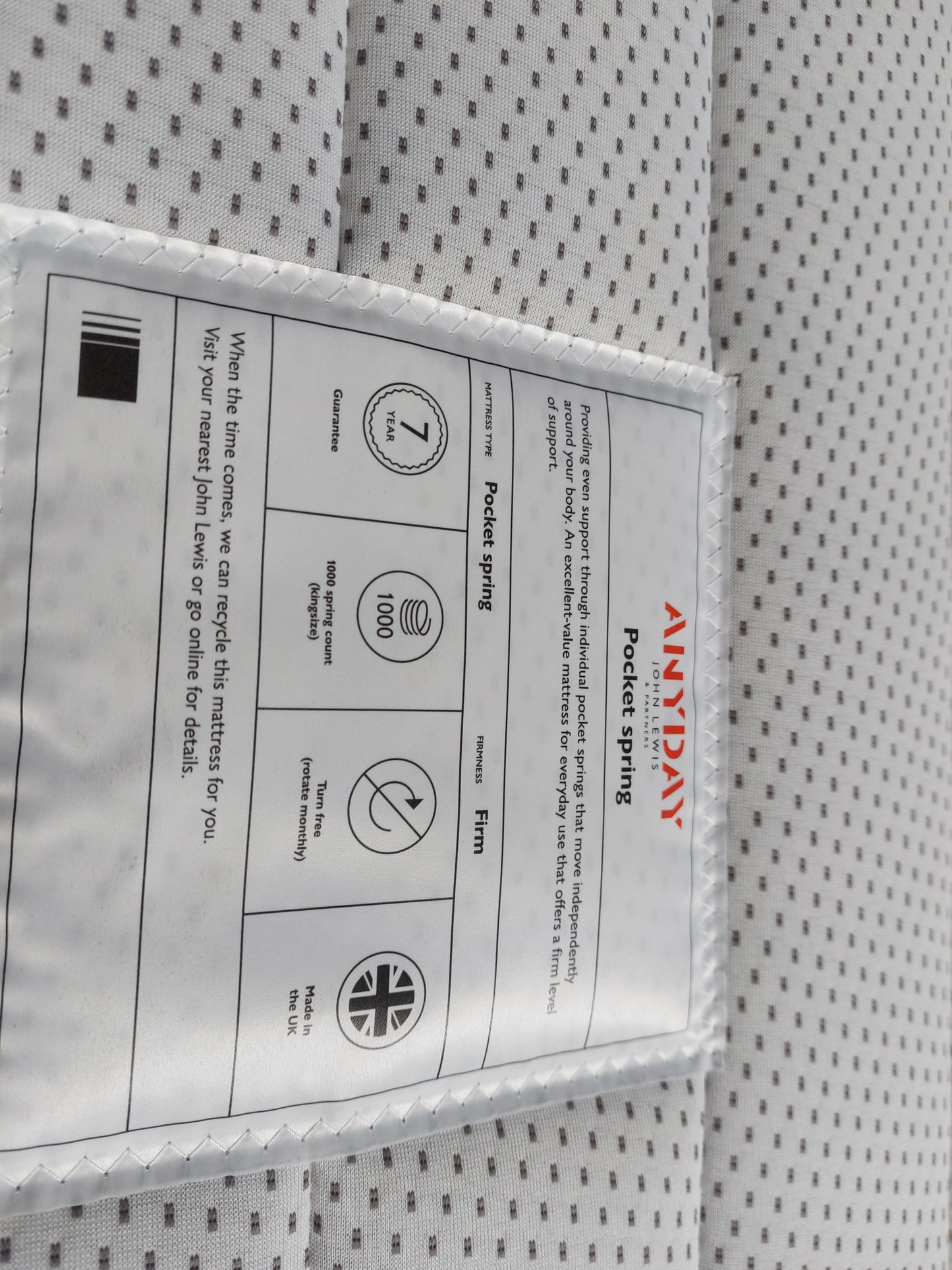 John Lewis Pocket Spring Mattress, Firm Tension, King Size