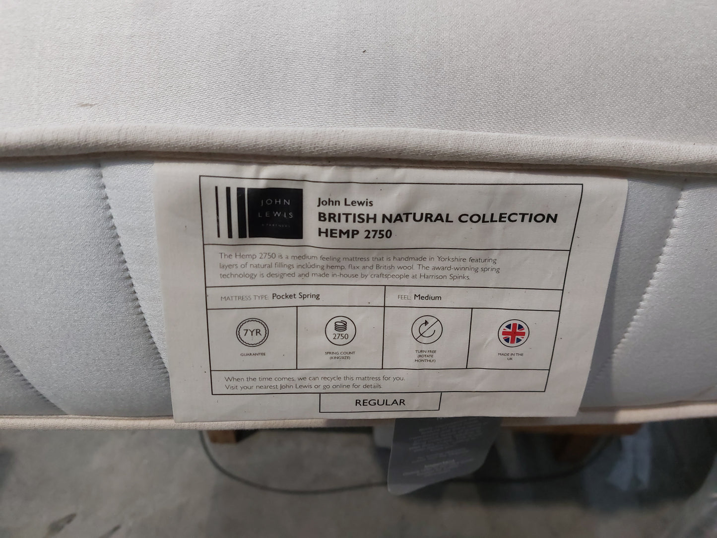 John Lewis British Natural Collection Hemp 2750 Zip Link Regular Tension Super King Size