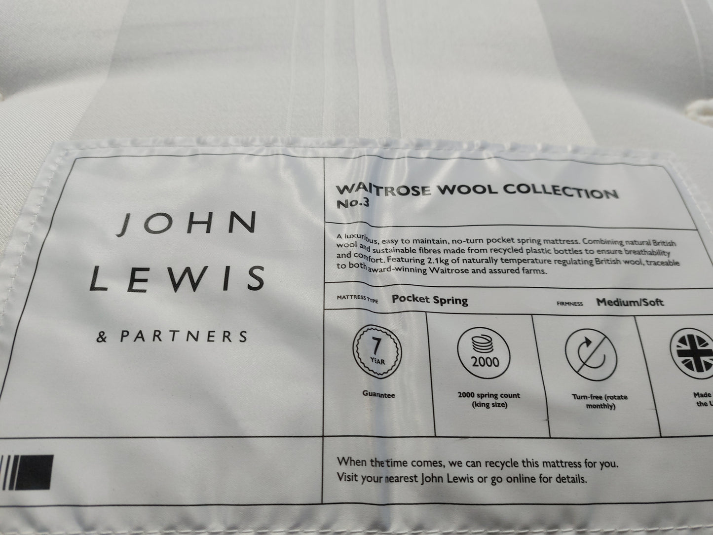 John Lewis Mattress  Waitrose Wool NO. 3 Pocket Spring Soft/Medium King Size