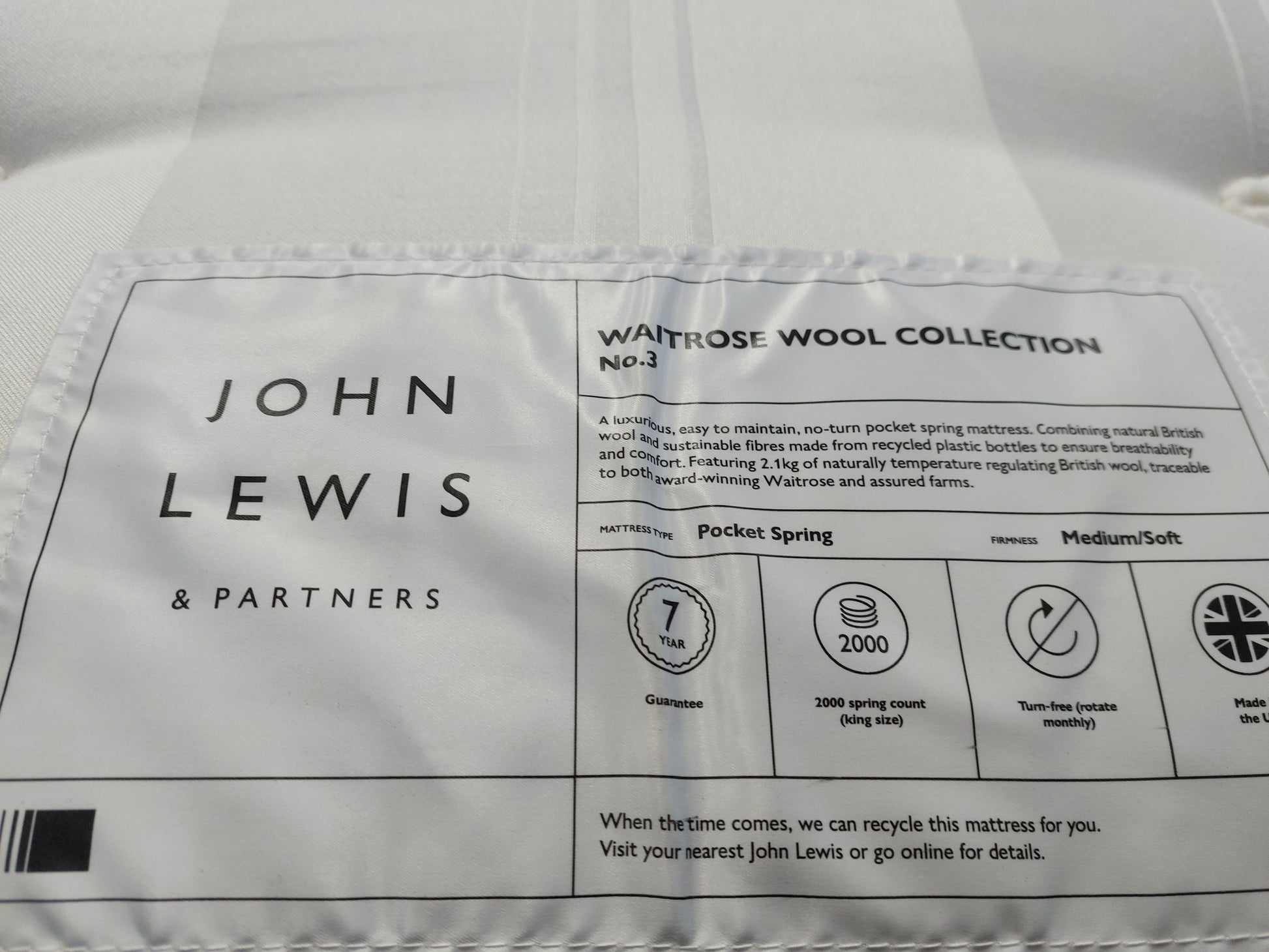 John Lewis Mattress  Waitrose Wool NO. 3 Pocket Spring Soft/Medium King Size