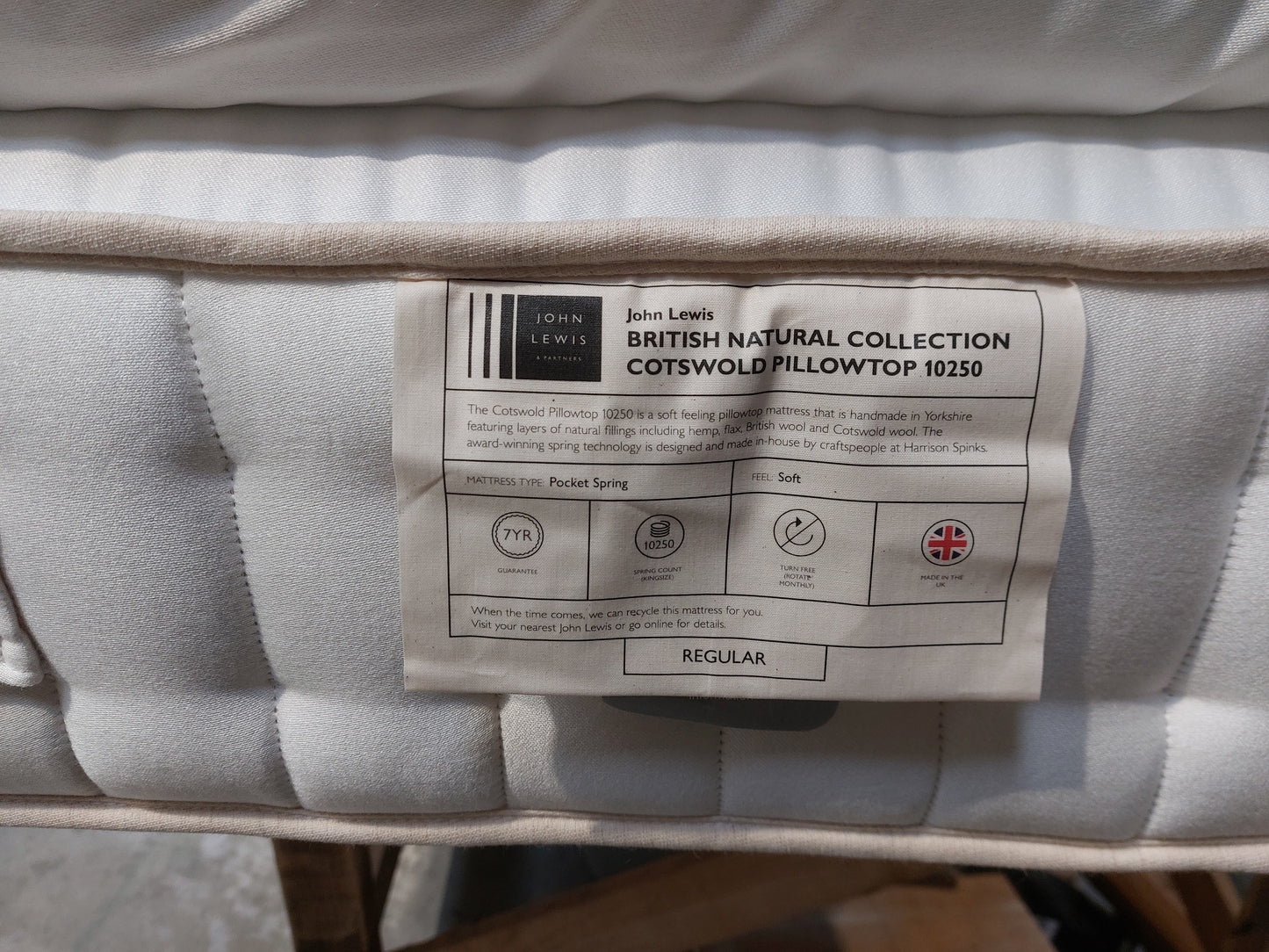 John Lewis British Natural Collection Cotswold Pillowtop 10250 Mattress, Regular Tension, King Size