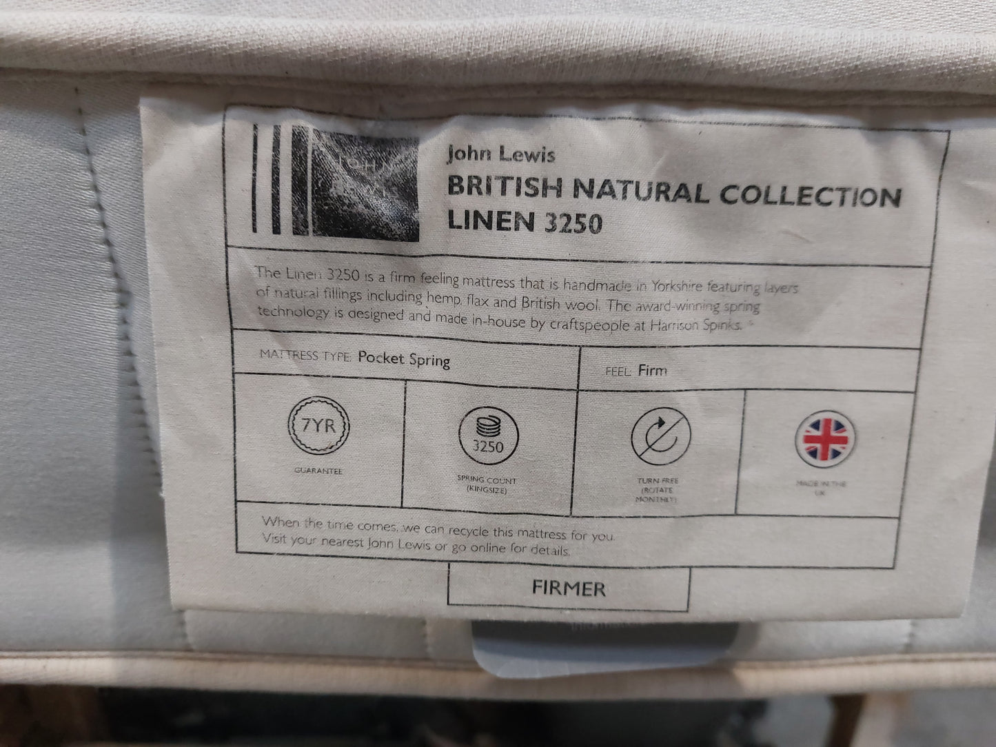 John Lewis British Natural Collection Linen 3250 Firmer King Size