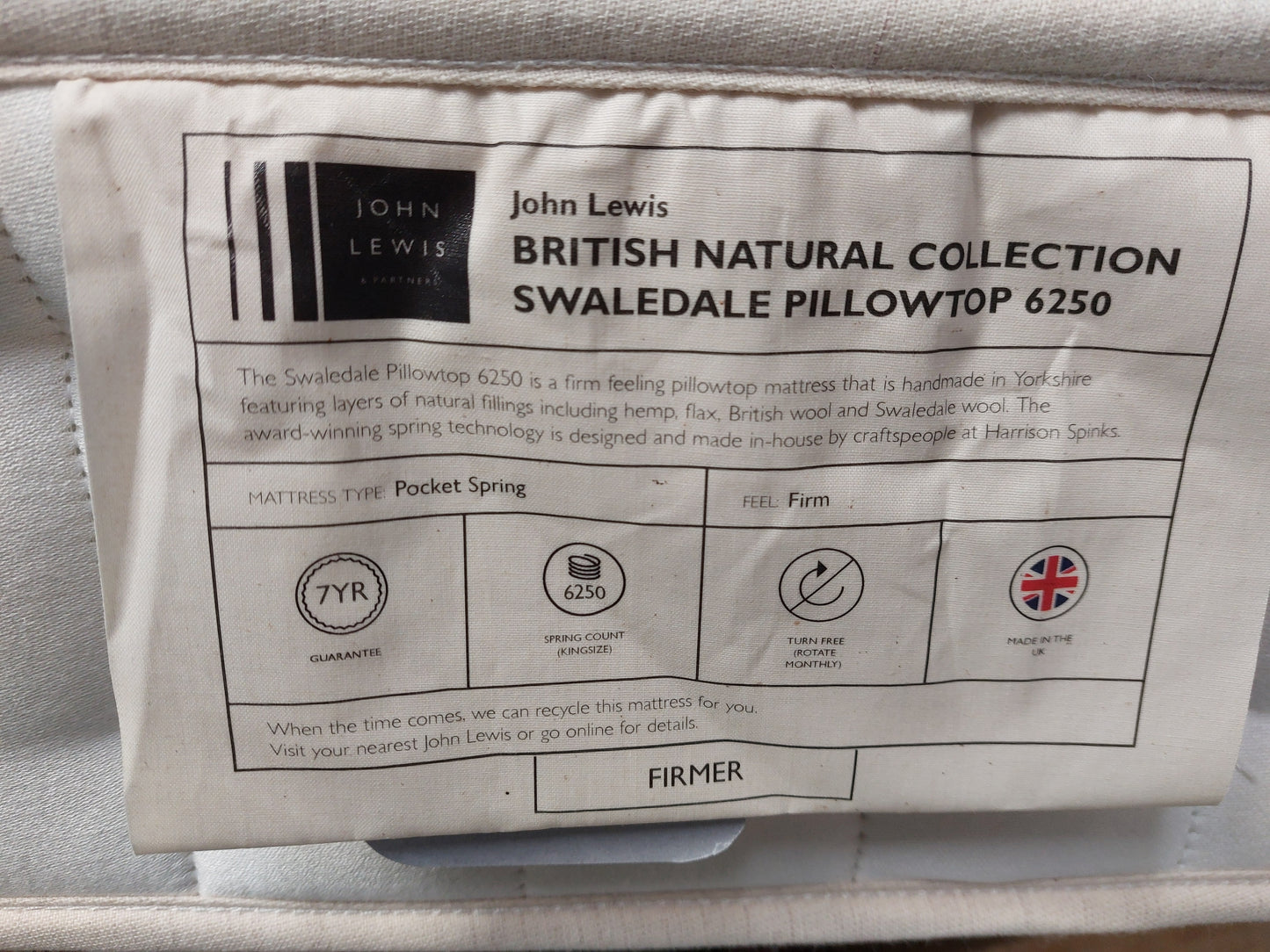 John Lewis British Natural Collection Swaledale Pillowtop 6250 Mattress, Firmer Tension, Double