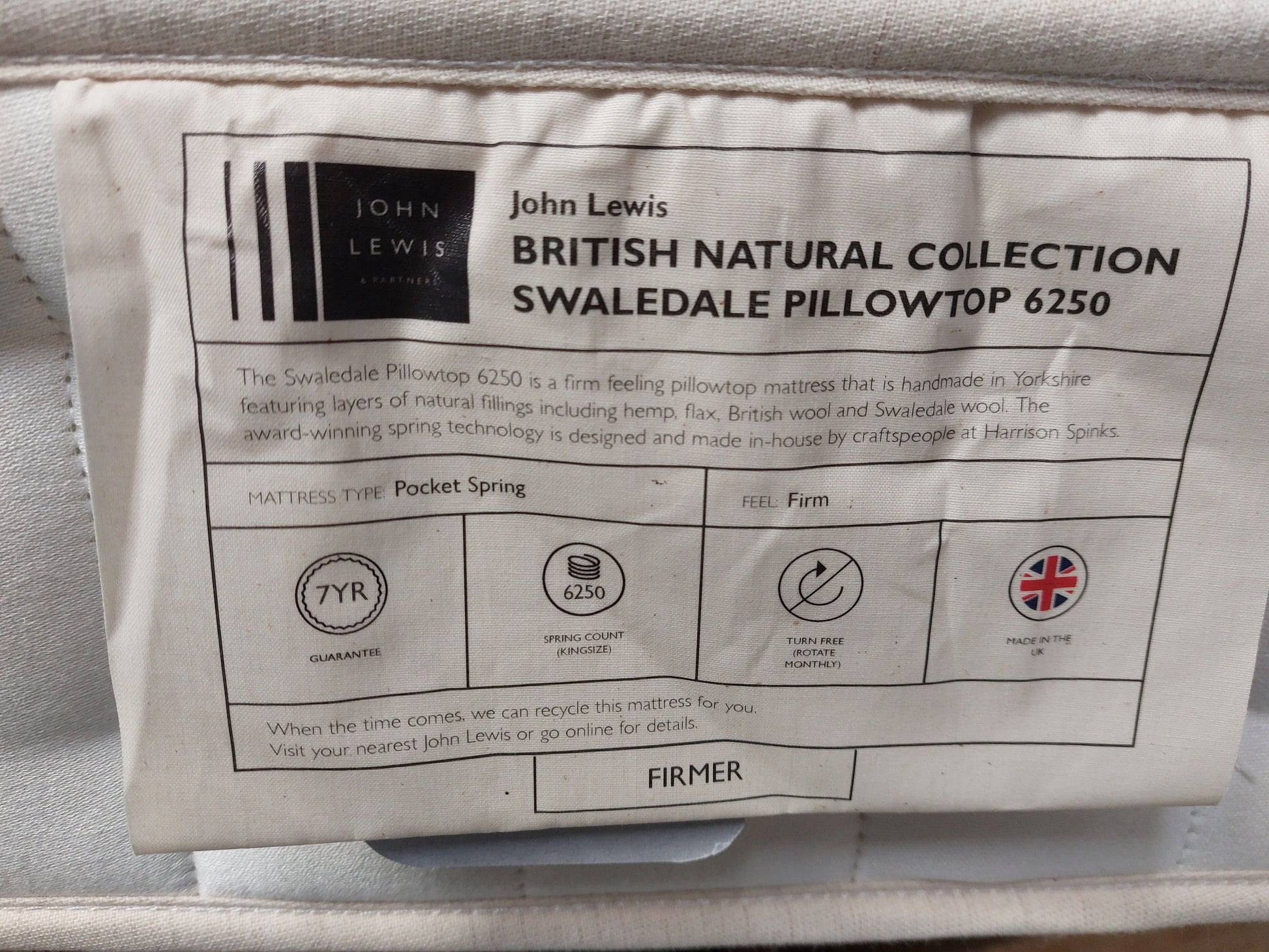 John Lewis British Natural Collection Swaledale Pillowtop 6250 Mattress, Firmer Tension, Double