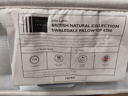 John Lewis British Natural Collection Swaledale Pillowtop 6250 Mattress, Firmer Tension, Double