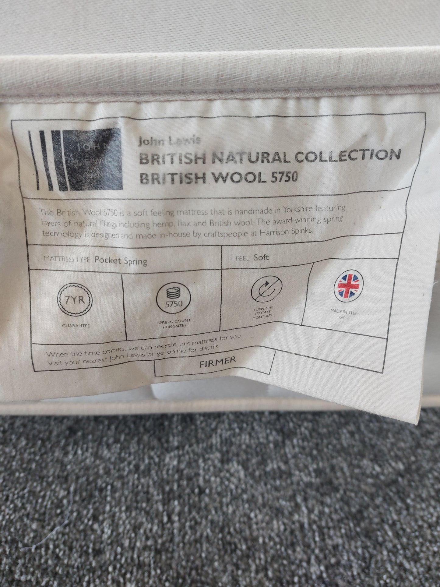 John Lewis British Natural Collection Wool 5750 Zip Link Mattress, Firmer Tension, King Size