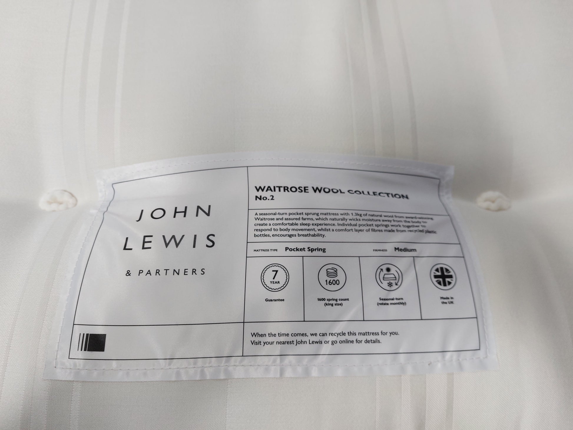 John Lewis Waitrose Wool NO. 2 Pocket Spring Mattress, Medium Tension, Double