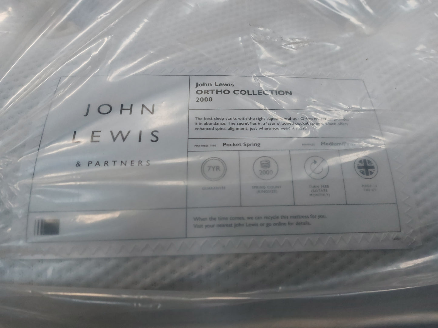 John Lewis Ortho Pocket Collection 2000 Pocket Spring Mattress, Medium/Firm Tension, King Size