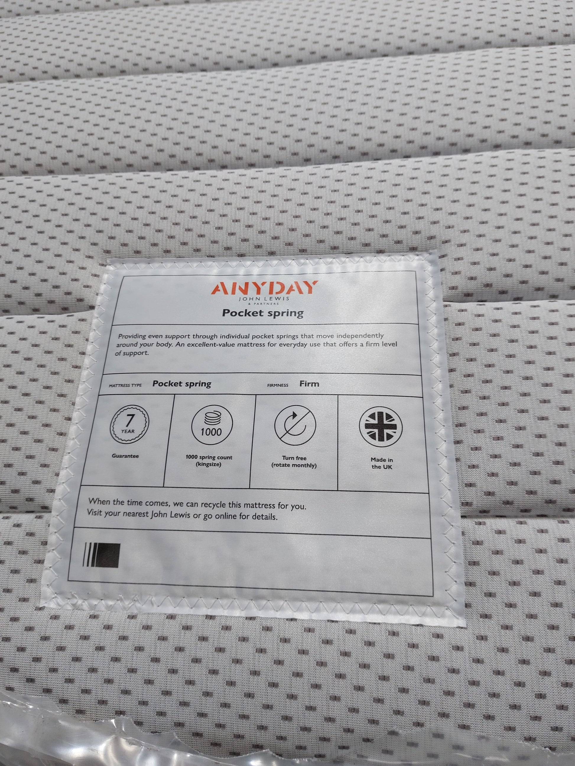 John Lewis ANYDAY John Lewis Pocket Spring Mattress, Firm Tension, Single
