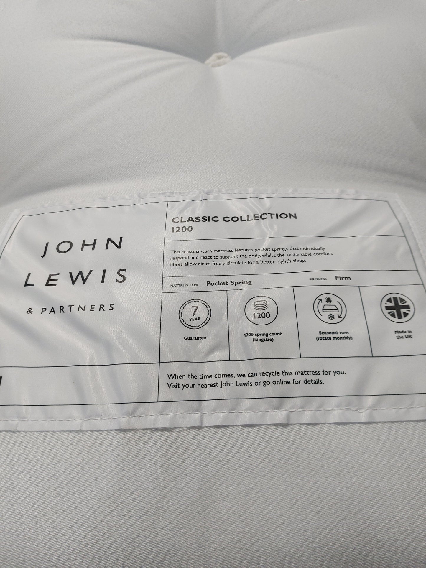 John Lewis Classic 1200 Pocket Spring Mattress, Firm Tension, King Size