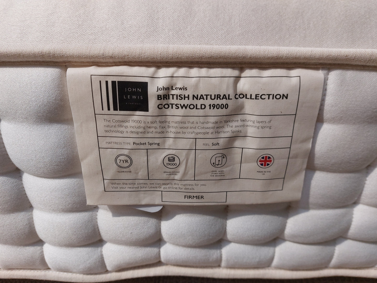 John Lewis British Natural Collection Cotswold 19000 Mattress, Firmer Tension, Double