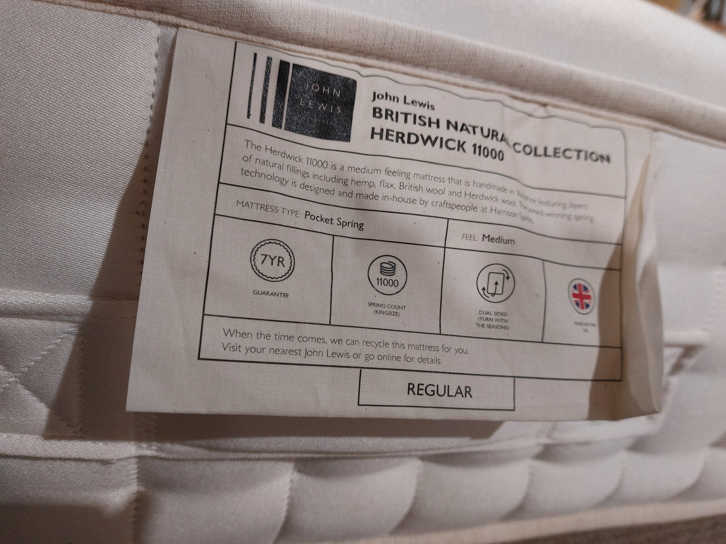 John Lewis Zip Link Herdwick 11000 Mattress Regular Tension Super King Size