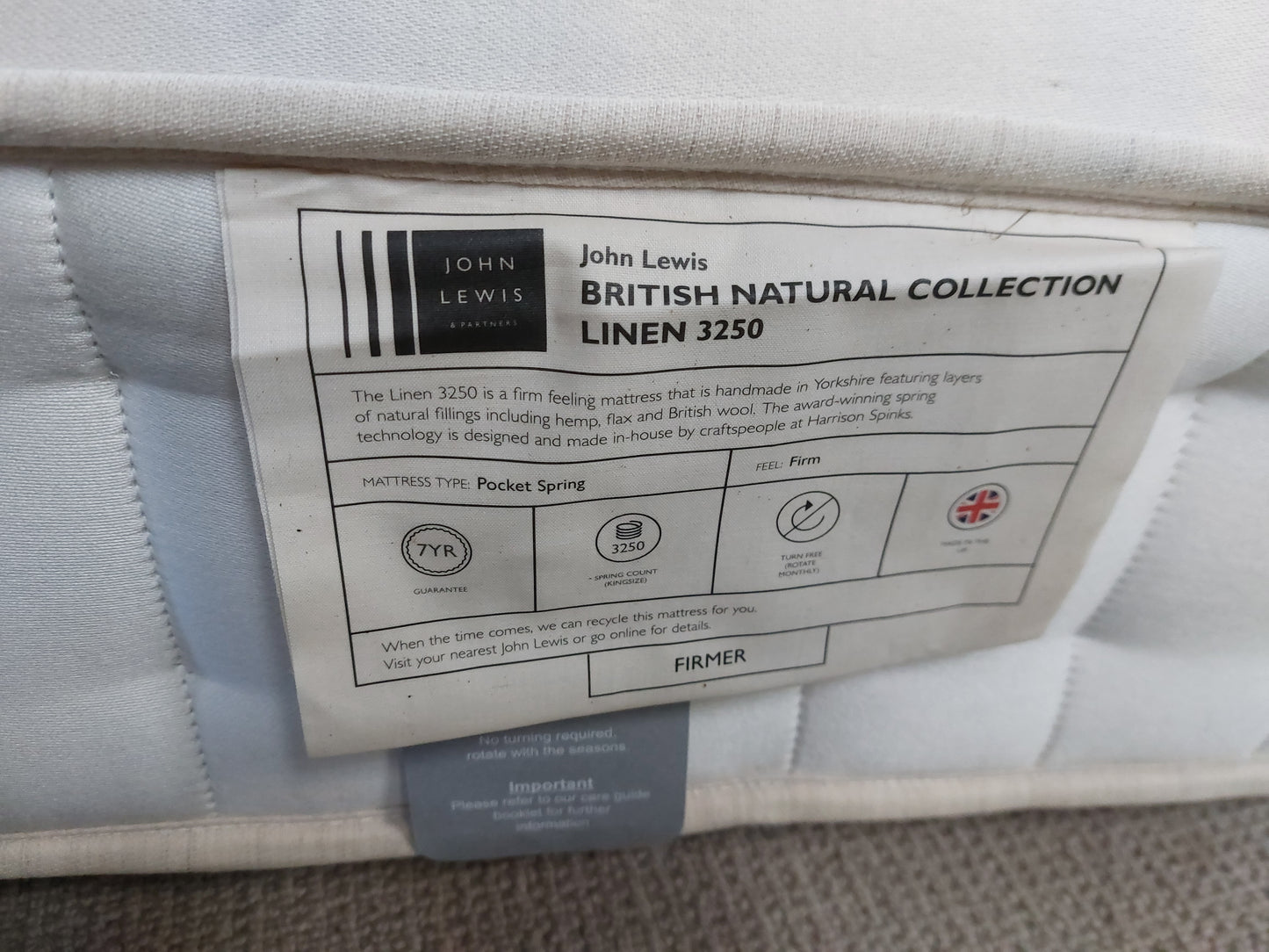 John Lewis Mattress  Emperor British Collection Linen 3250 Zip Link Firmer