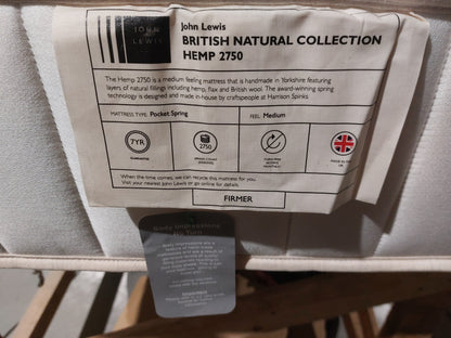 John Lewis British Natural Collection Hemp 2750 Mattress, Firmer Tension, Double