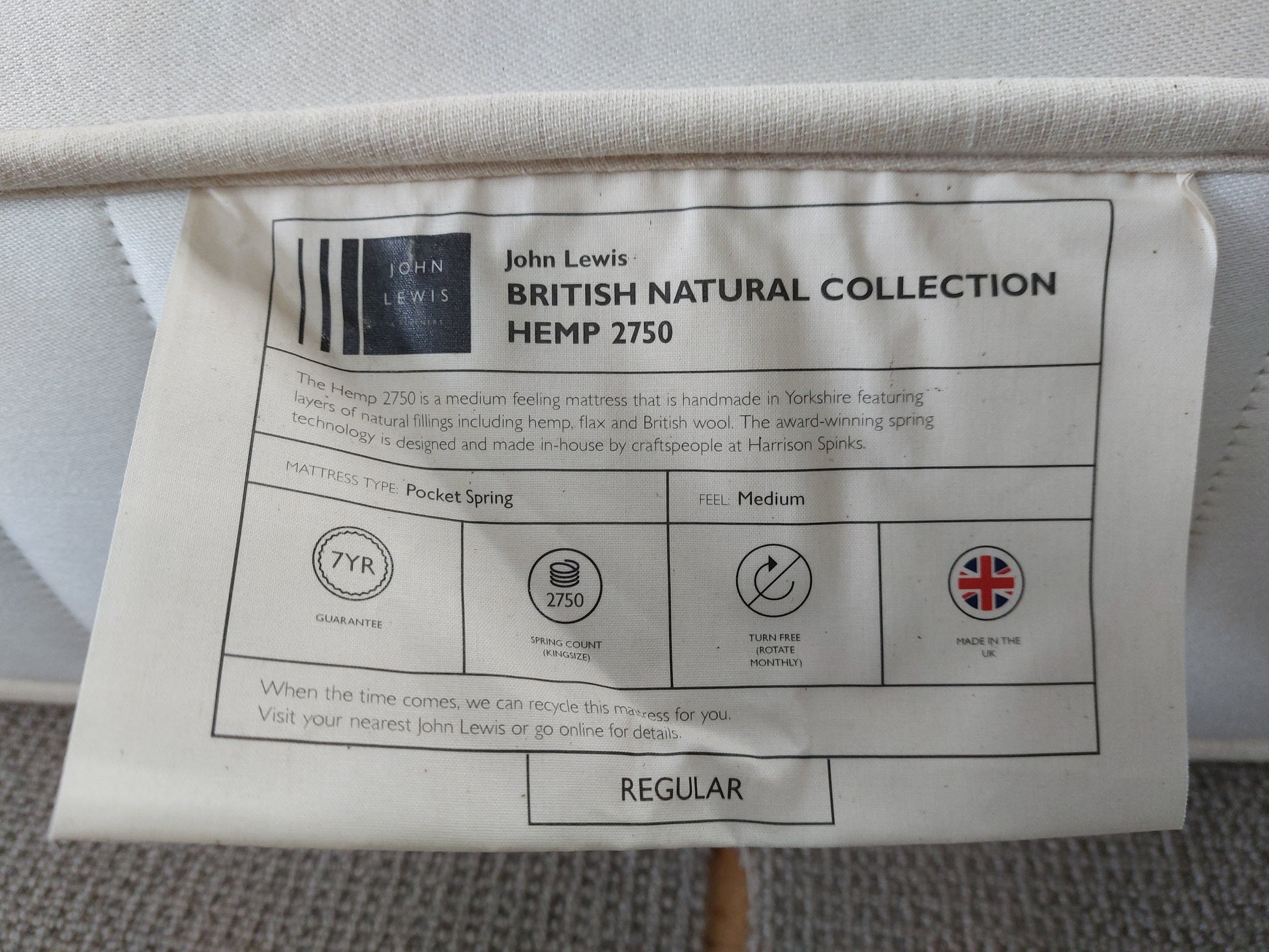John Lewis British Natural Collection Hemp 2750 Mattress, Regular Tension, Double