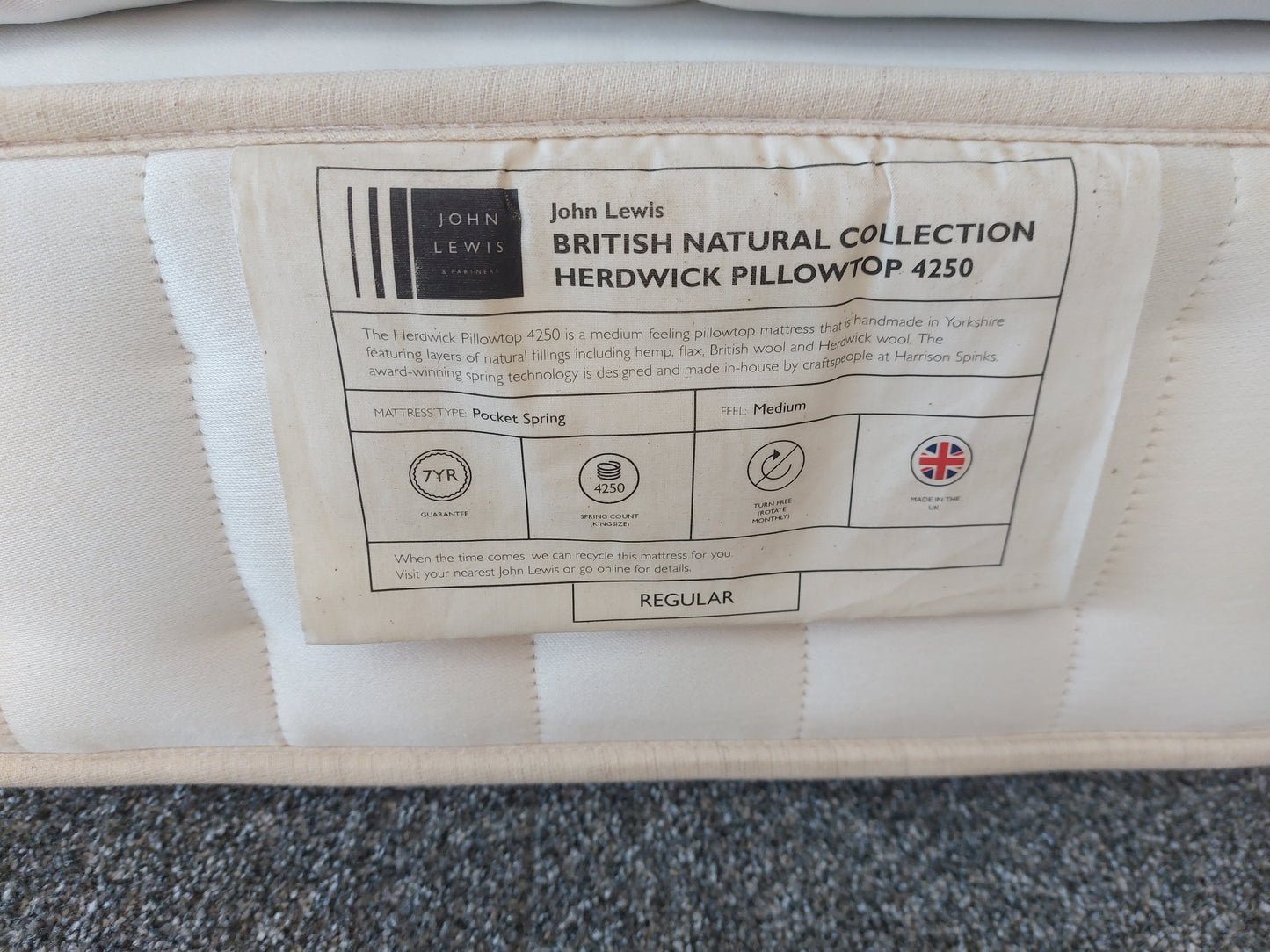 John Lewis King Size Mattress Pillow Top 4250 Zip & Link British Natural Herdwick