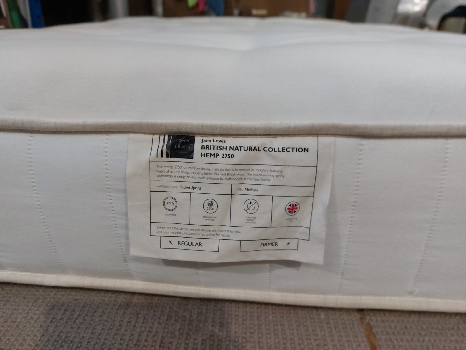 John Lewis British Natural Collection Hemp 2750 Mattress, Regular / Firmer Tension, King Size