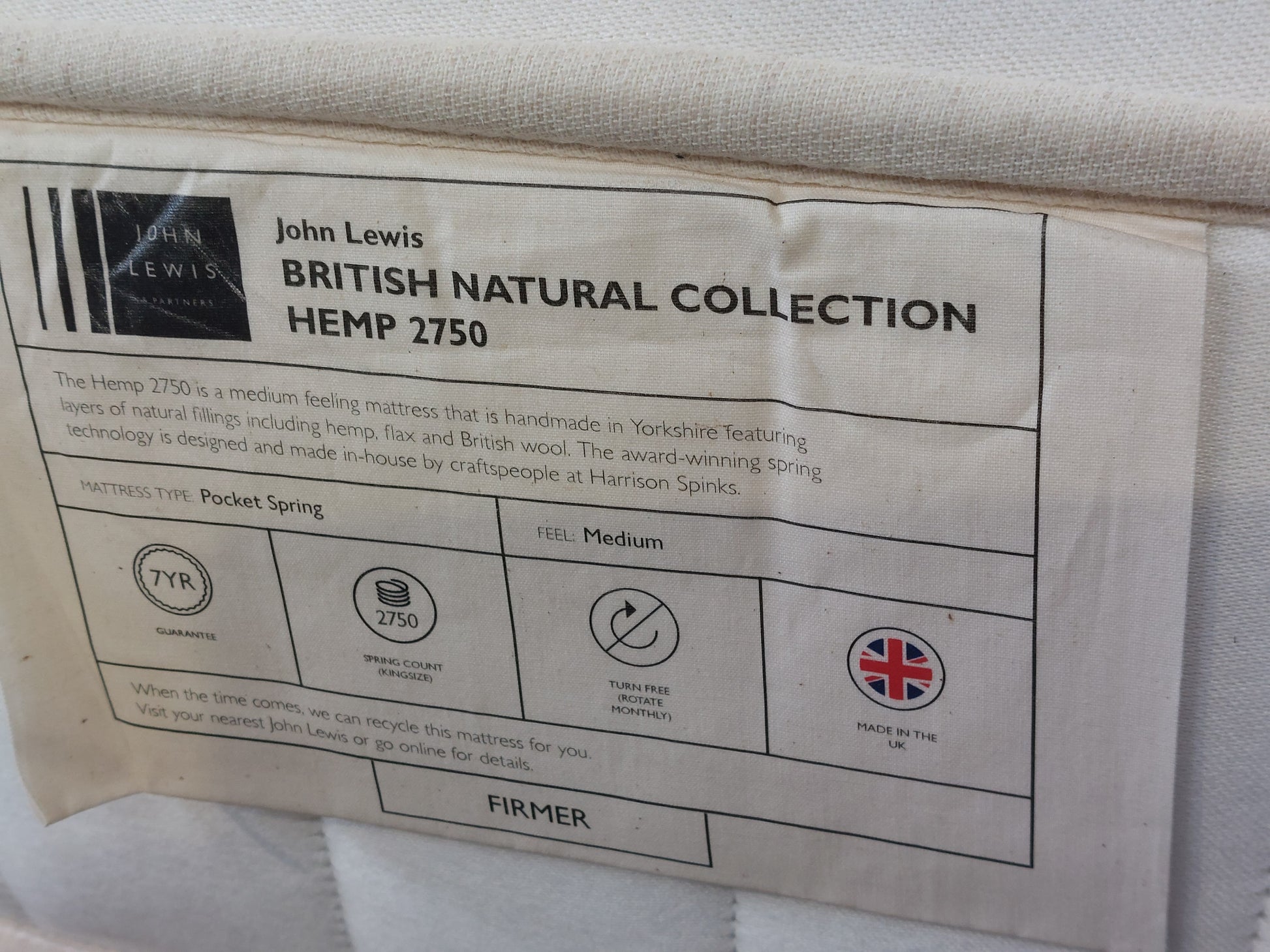John LewisHemp 2750 Mattress, Firmer Tension, Super King Size