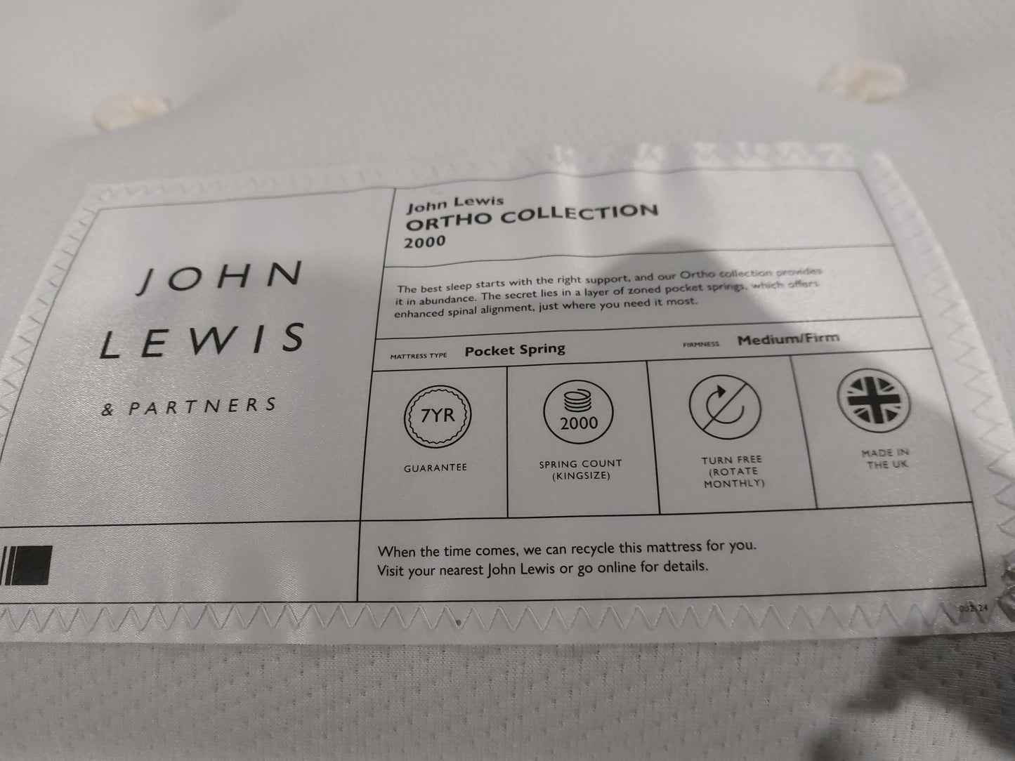 John Lewis Ortho Pocket Collection 2000 Pocket Spring Mattress, Medium/Firm Tension, King Size