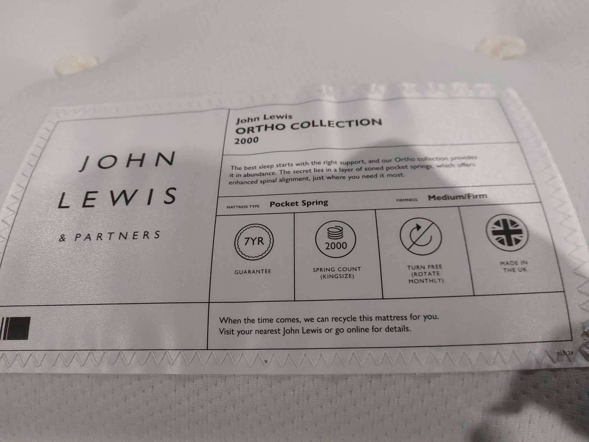 John Lewis Ortho Pocket Collection 2000 Pocket Spring Mattress, Medium/Firm Tension, King Size