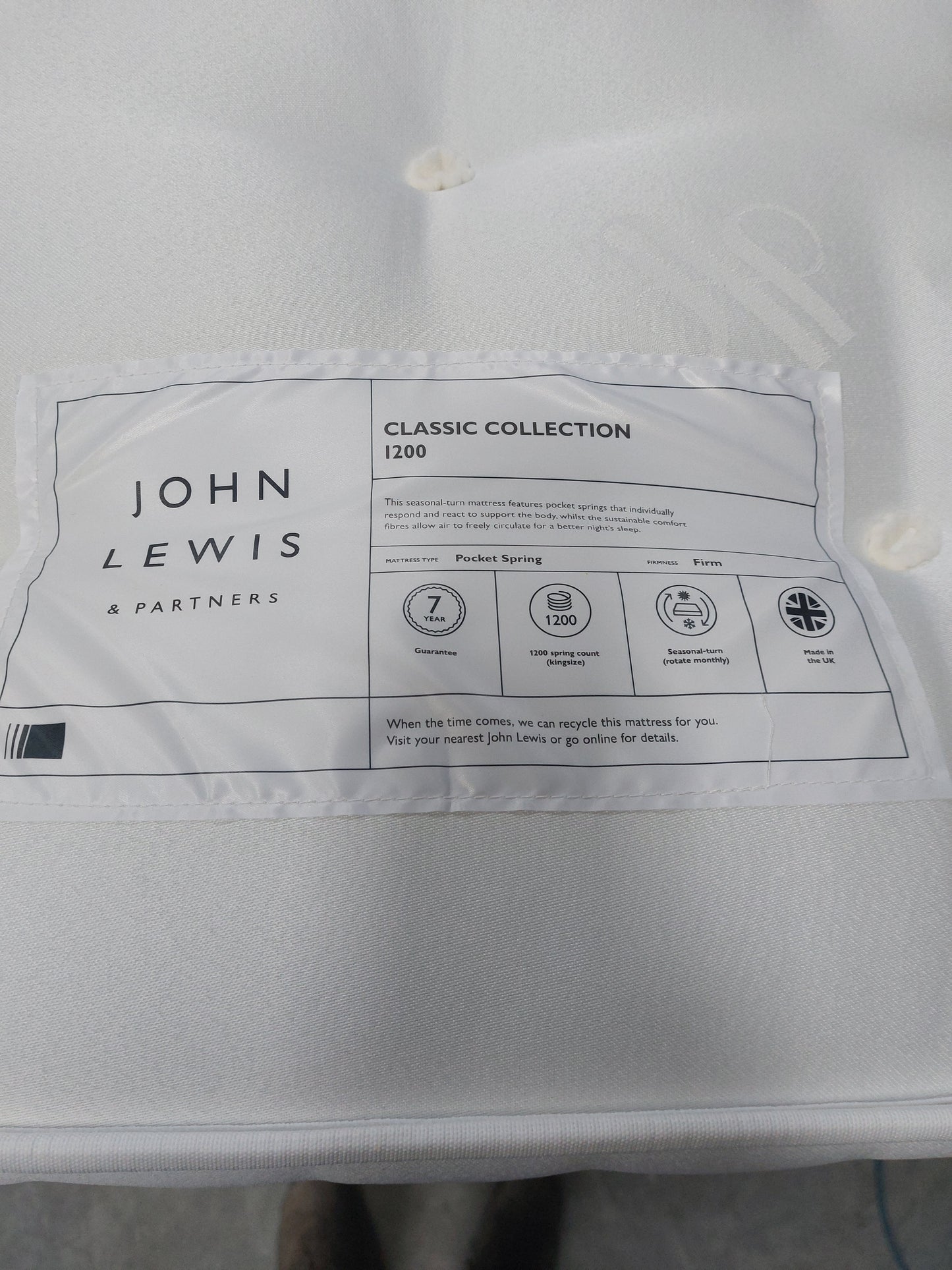 John Lewis Classic Collection 1200 Pocket Spring Mattress, Firm Tension, Small Double