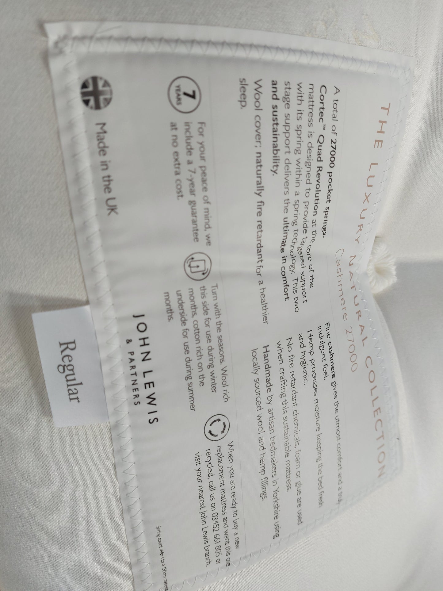 JOHN LEWIS Cashmere 27000 Mattress ZIP LINK REGULAR Super king Pocket