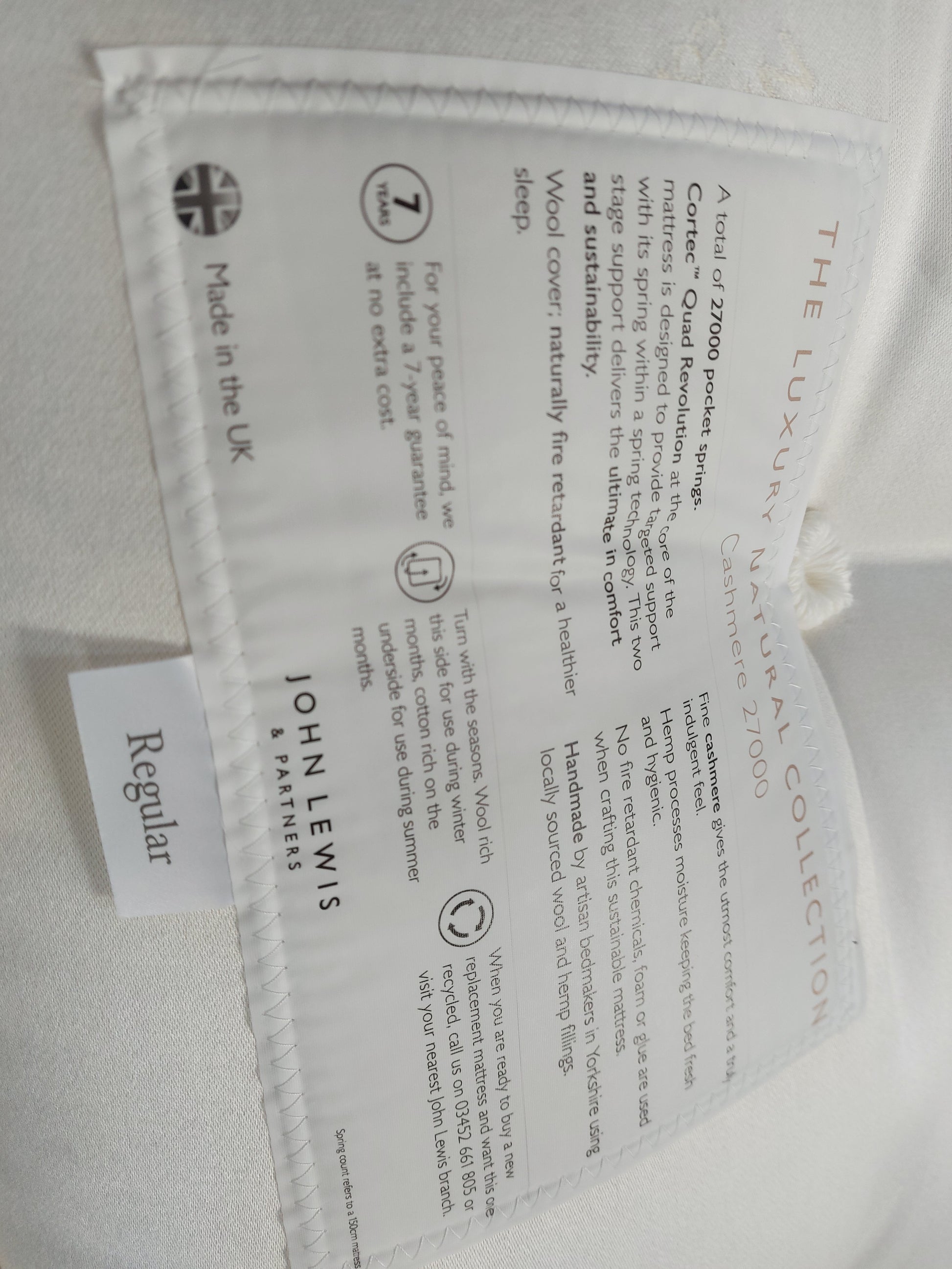 JOHN LEWIS Cashmere 27000 Mattress ZIP LINK REGULAR Super king Pocket