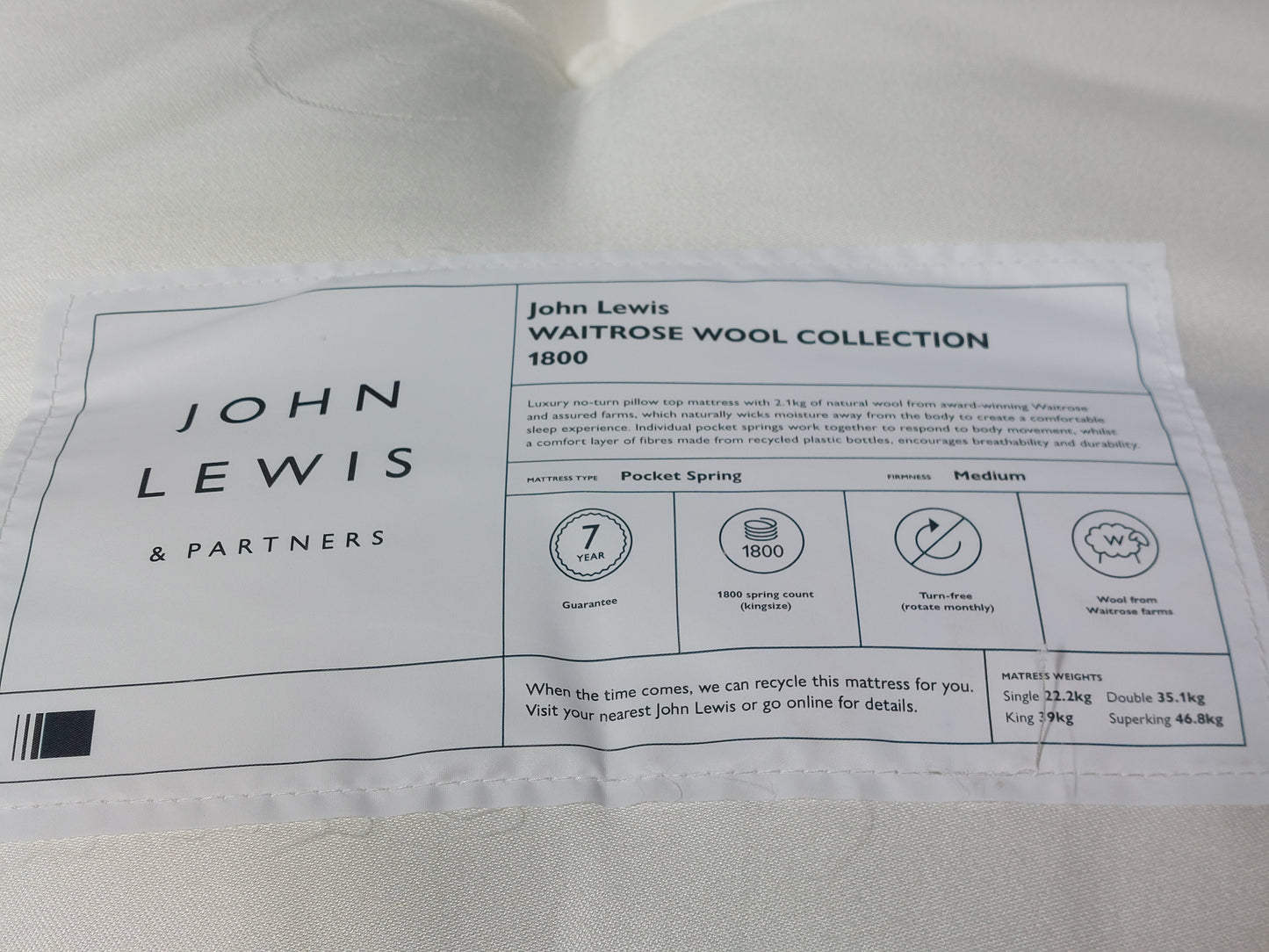 John Lewis Single Mattress Waitrose Wool 1800 Pocket Spring Pillowtop Medium Tension