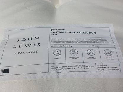 John Lewis Single Mattress Waitrose Wool 1800 Pocket Spring Pillowtop Medium Tension